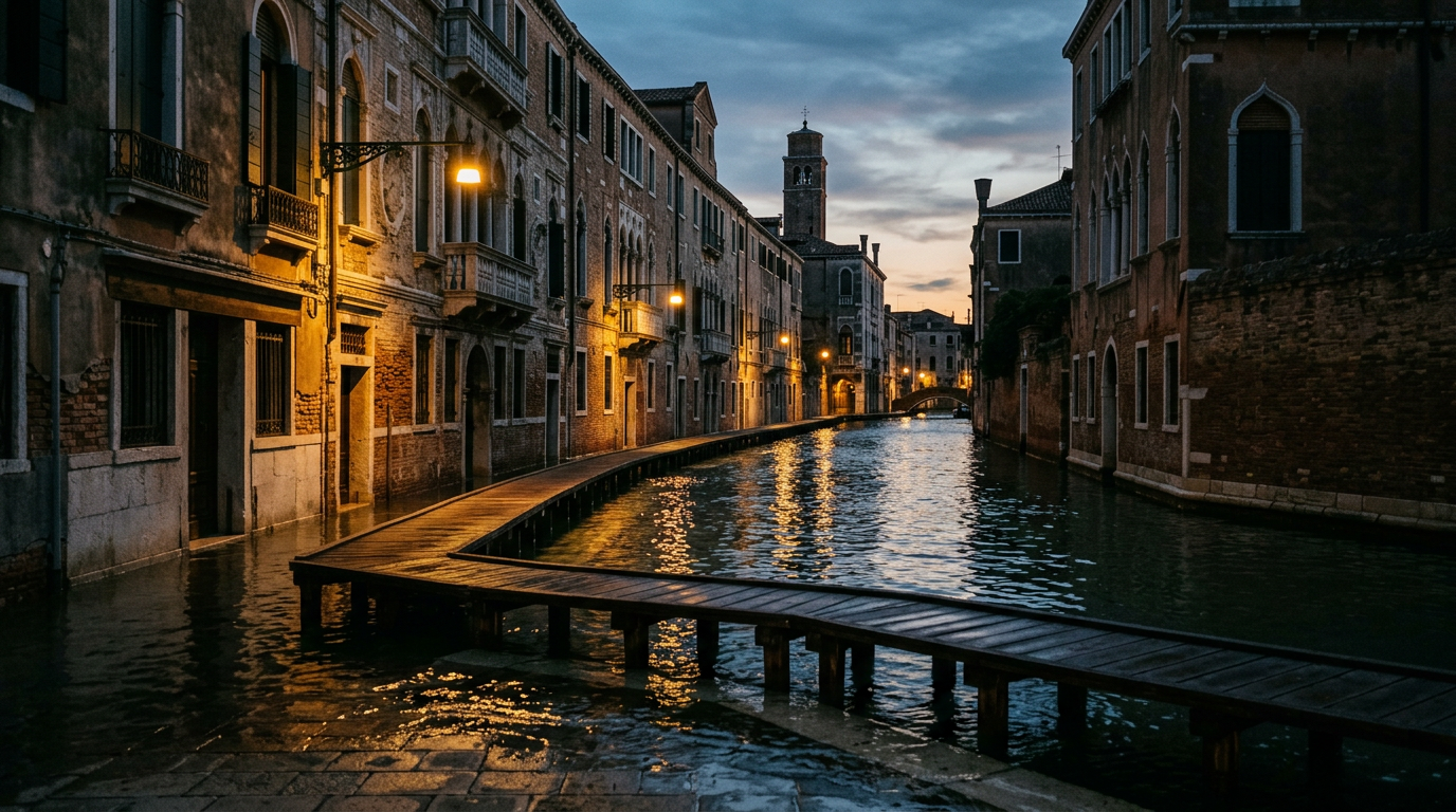 A quiet Venetian fondamenta with raised wooden walkways (passarelle) during a mild high tide at twilight.