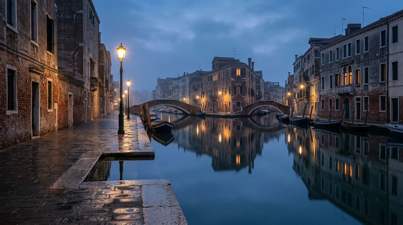 A misty evening in Venice with the high tide reflecting streetlights on a stone fondamenta.