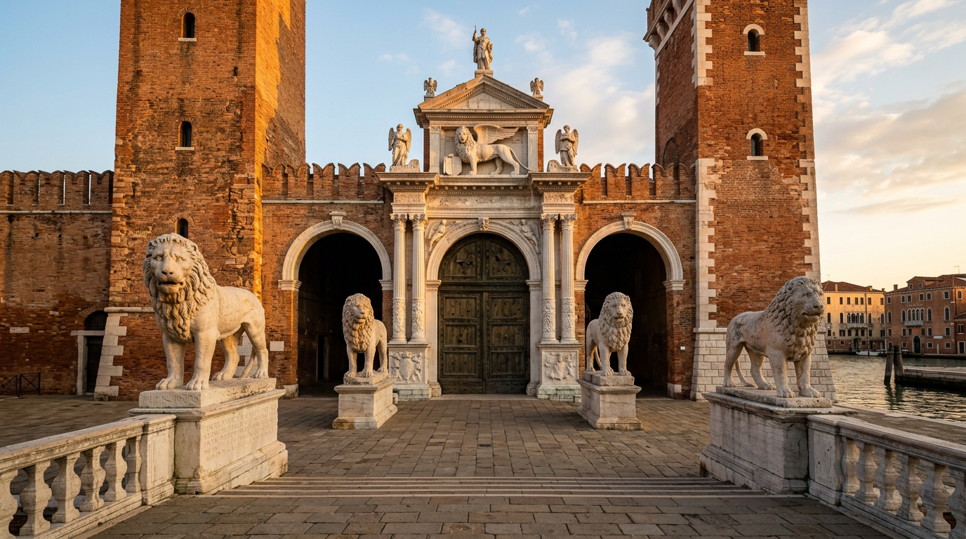 The monumental entrance of the Venetian Arsenale with its red brick towers and stone lions under a clear sky.
