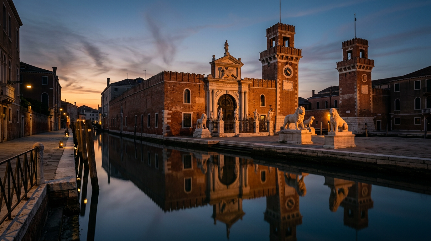 The monumental entrance of the Venetian Arsenale with its Renaissance gate and marble lions at sunset.
