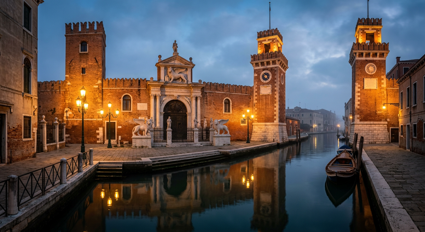 The grand entrance of the Venice Arsenale with twin red towers and stone lions under a soft sunset.