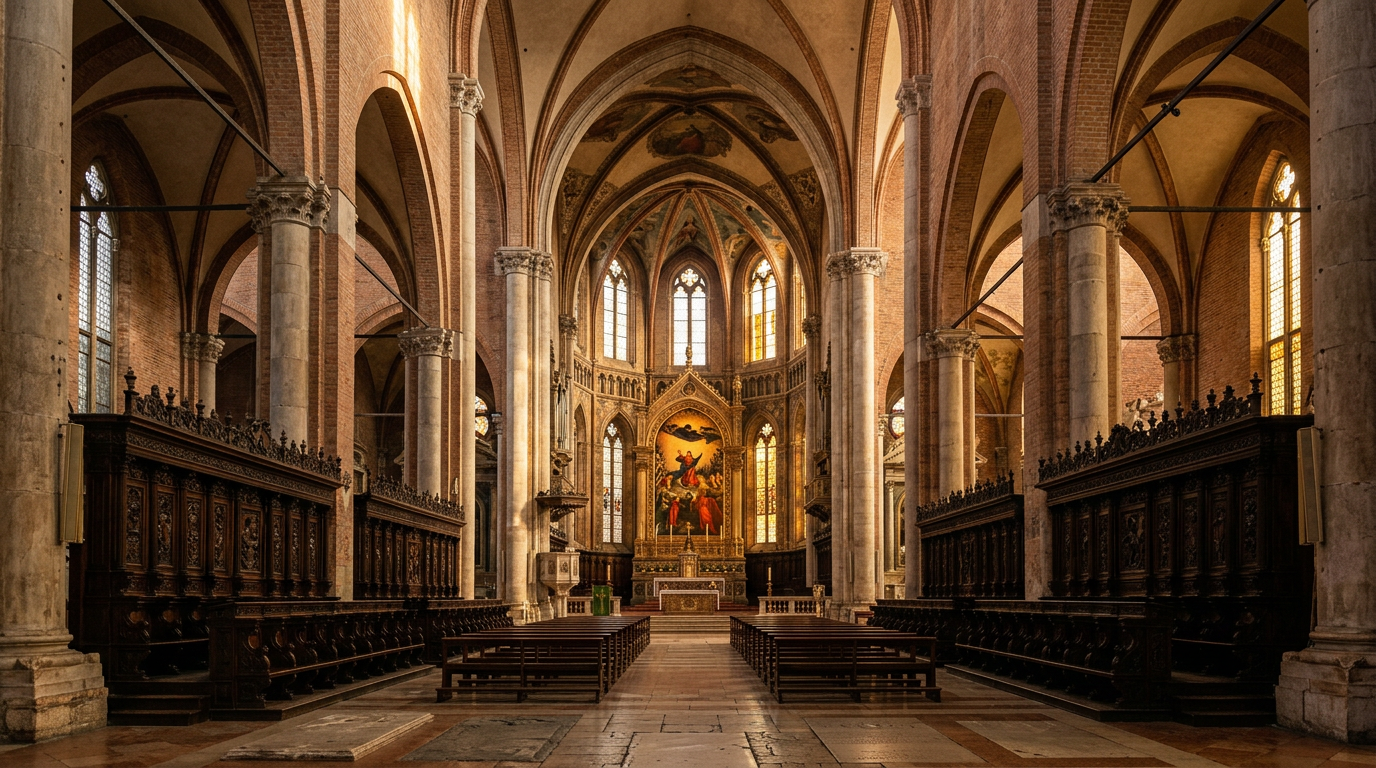 The interior of the Basilica dei Frari in Venice, showing the high altar and the Gothic choir stalls under warm light.