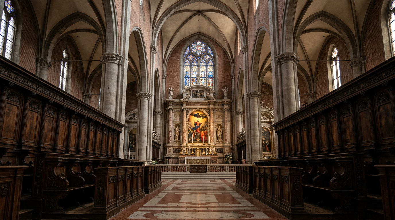 Interior of the Basilica dei Frari in Venice showing the high altar and Titian's Assunta painting under Gothic arches.