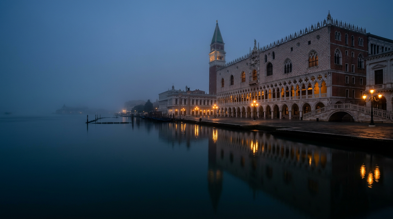 A moody, atmospheric view of the Venetian lagoon at dusk with the silhouettes of historic gondolas and the Doge's Palace in the distance.