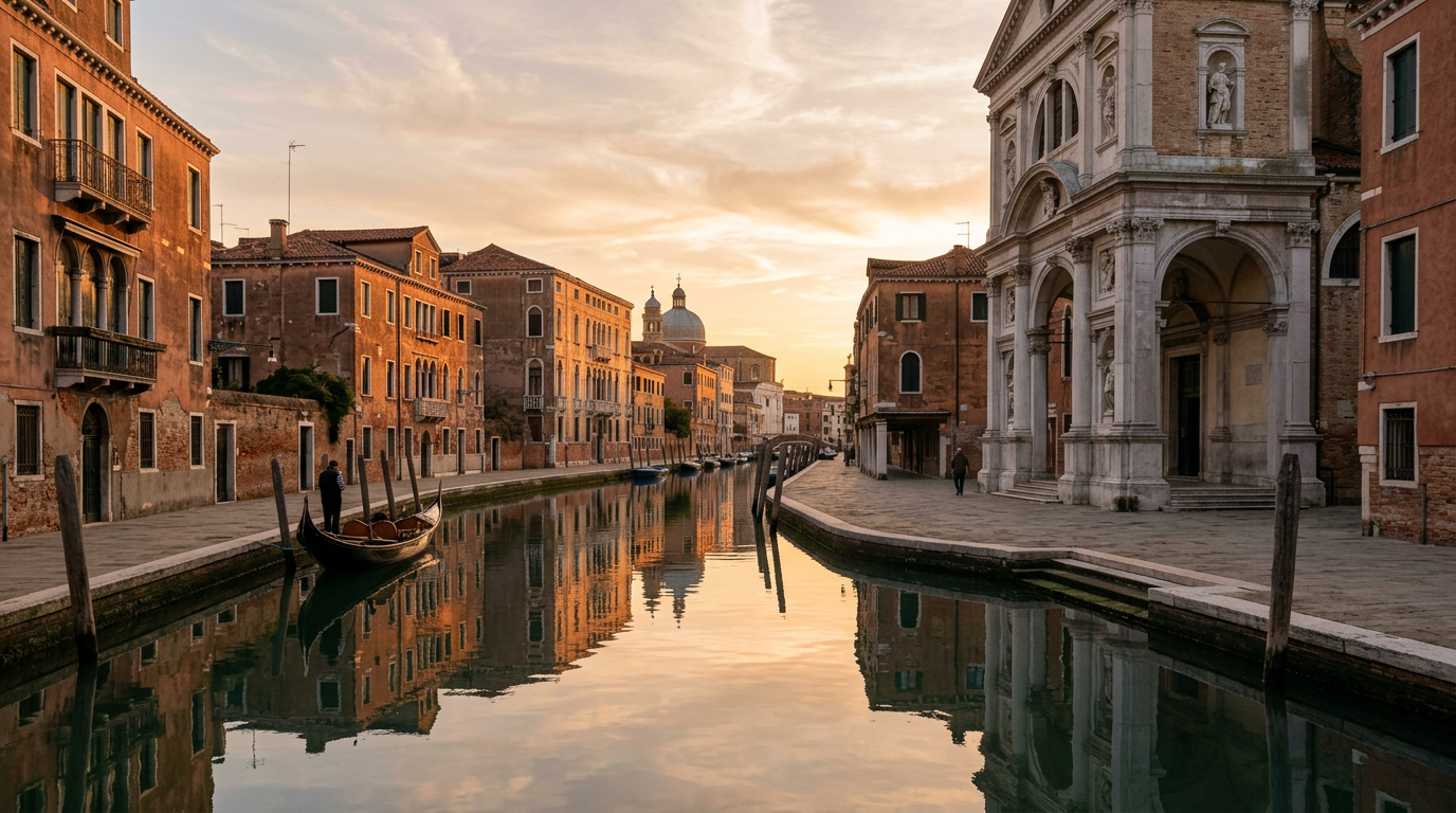 A golden hour view of the Fondamenta dei Tolentini canal in Venice, with the church of San Nicola da Tolentino in the background.