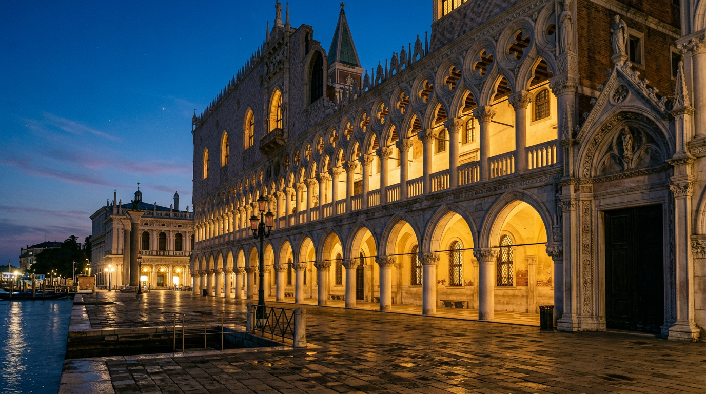 A cinematic, atmospheric view of the Doge's Palace in Venice at dusk, with the intricate Gothic arches illuminated by warm light against a deep blue sky.