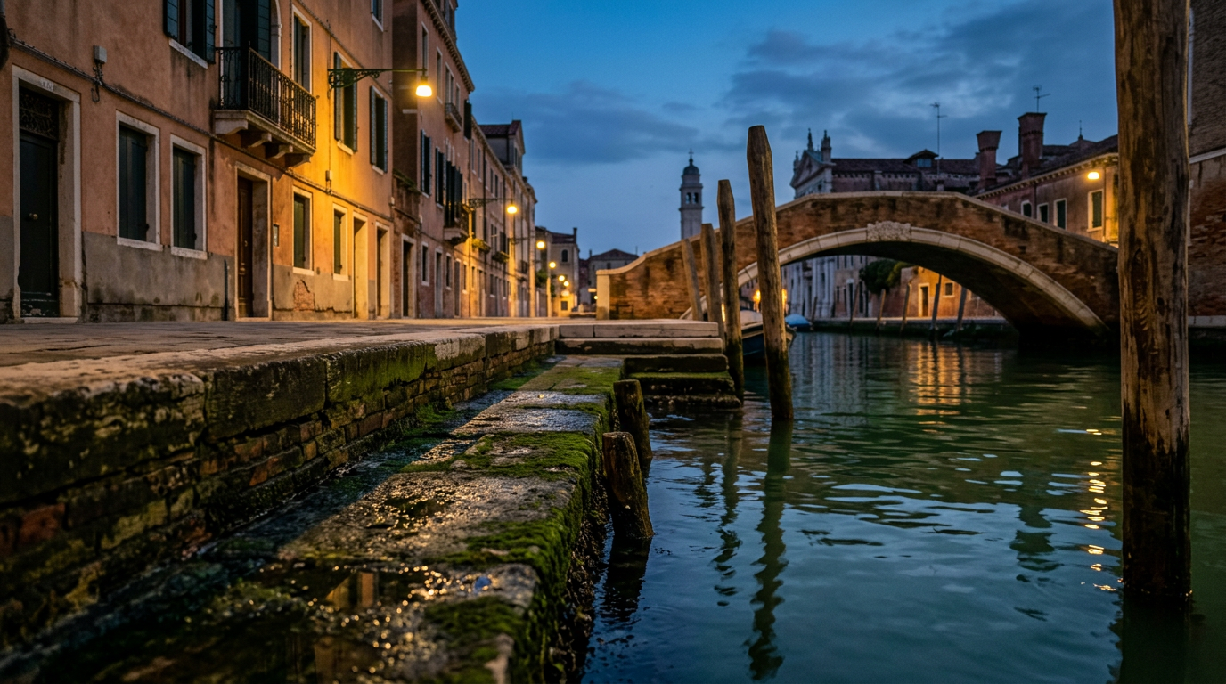 A cinematic view of a quiet Venetian canal at dusk, showing the ancient stone foundations meeting the dark green water of the lagoon.