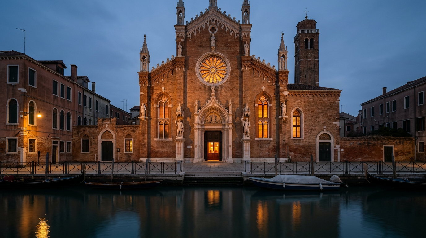 The Gothic brick facade of Madonna dell'Orto church in Venice at dusk, reflecting in the quiet canal.