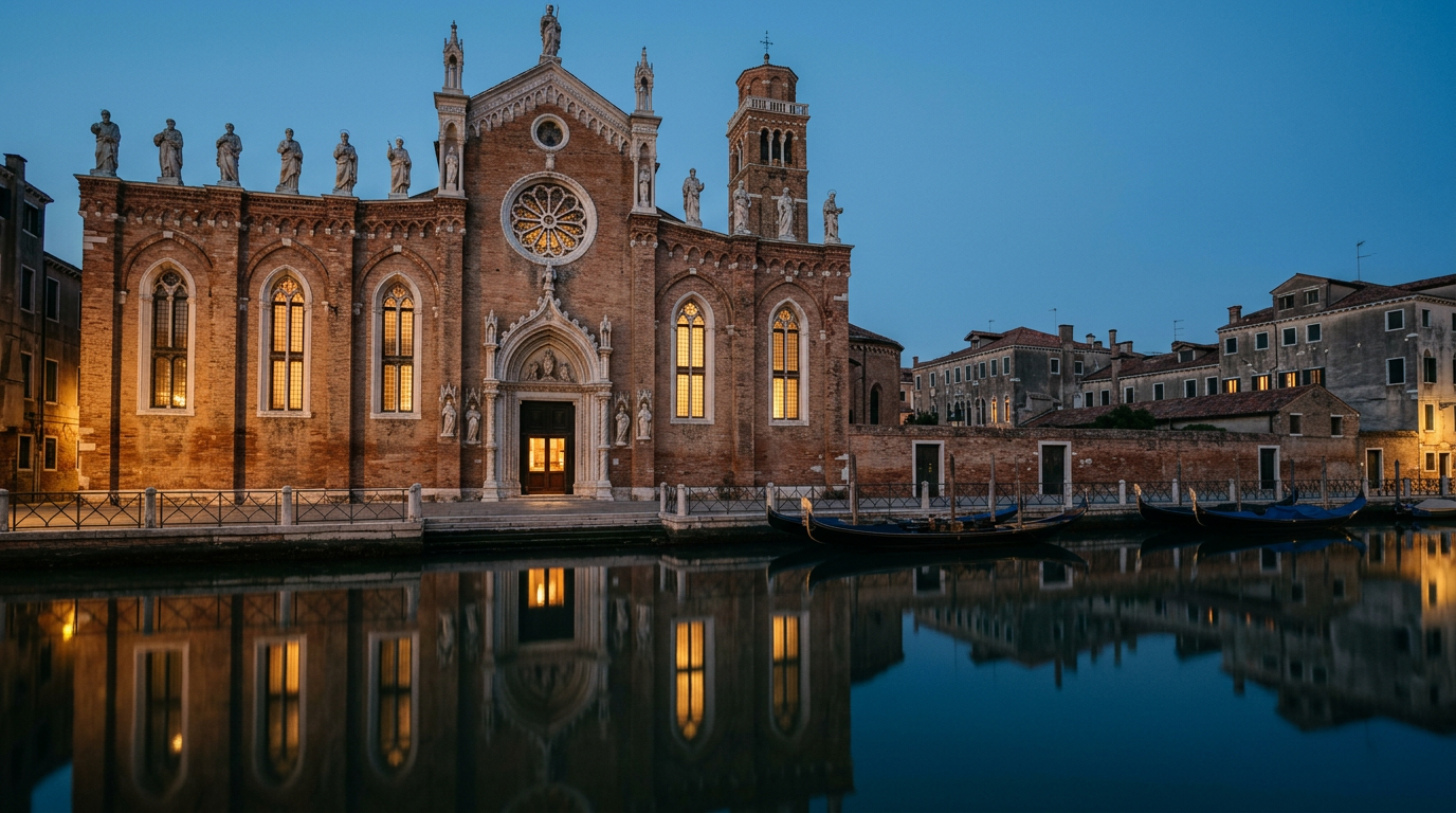The brick Gothic facade of Madonna dell'Orto church in Venice at dusk, reflecting in the quiet canal water of Cannaregio.