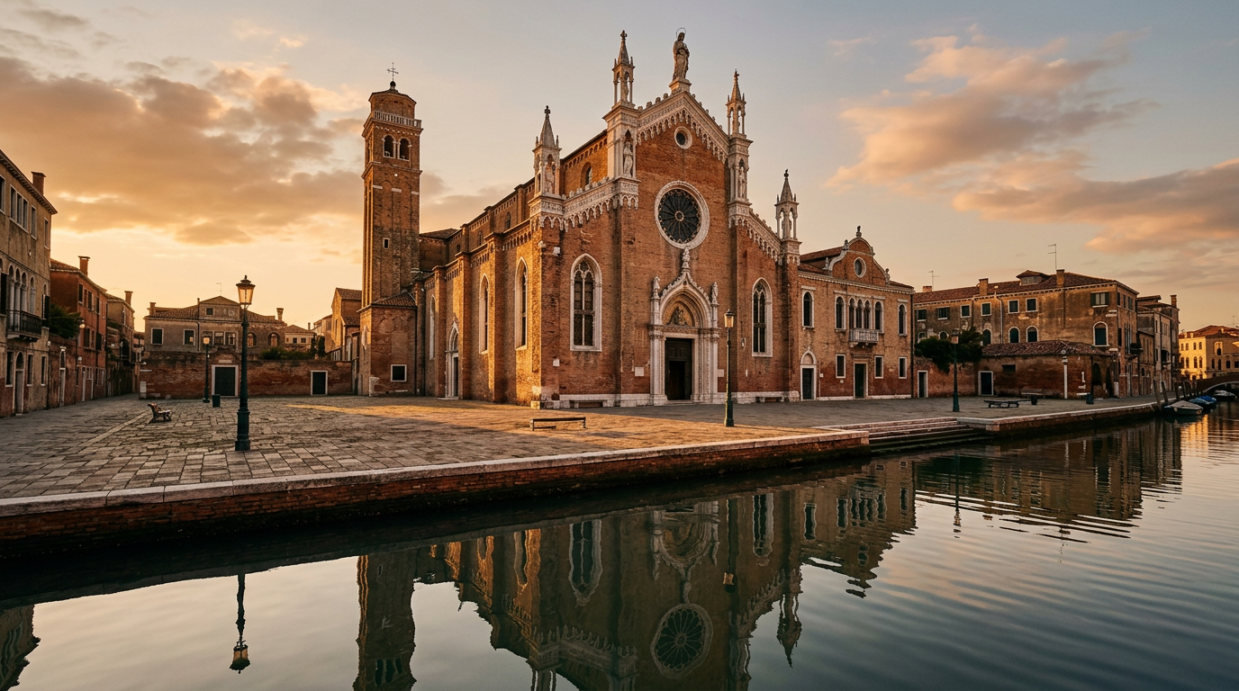 The Gothic brick facade of the Madonna dell'Orto church in Venice at dusk, reflecting in the quiet canal.