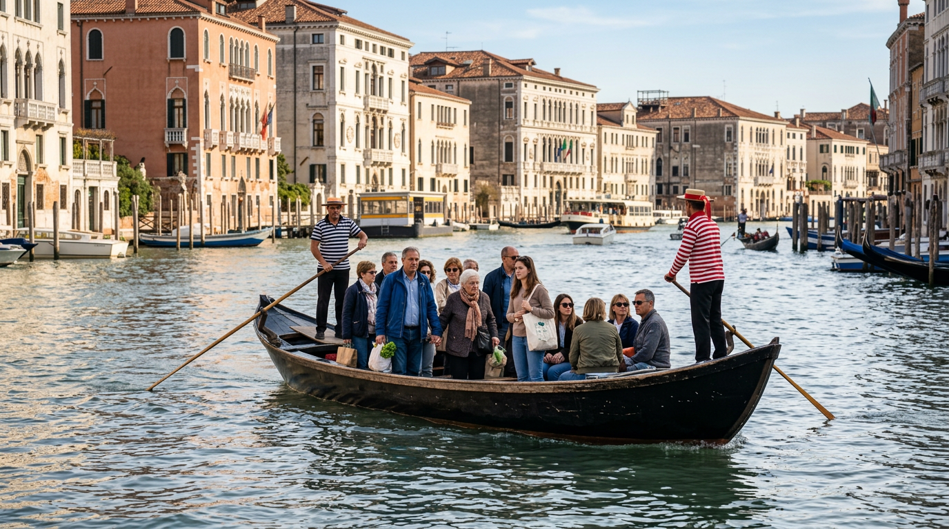 A traditional traghetto gondola crossing the Grand Canal in Venice, with locals standing aboard.
