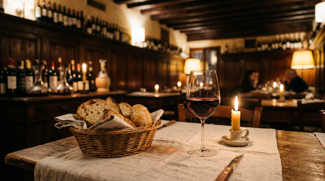 A warm, candle-lit table at a Venetian osteria with fresh bread, wine, and linen napkins.