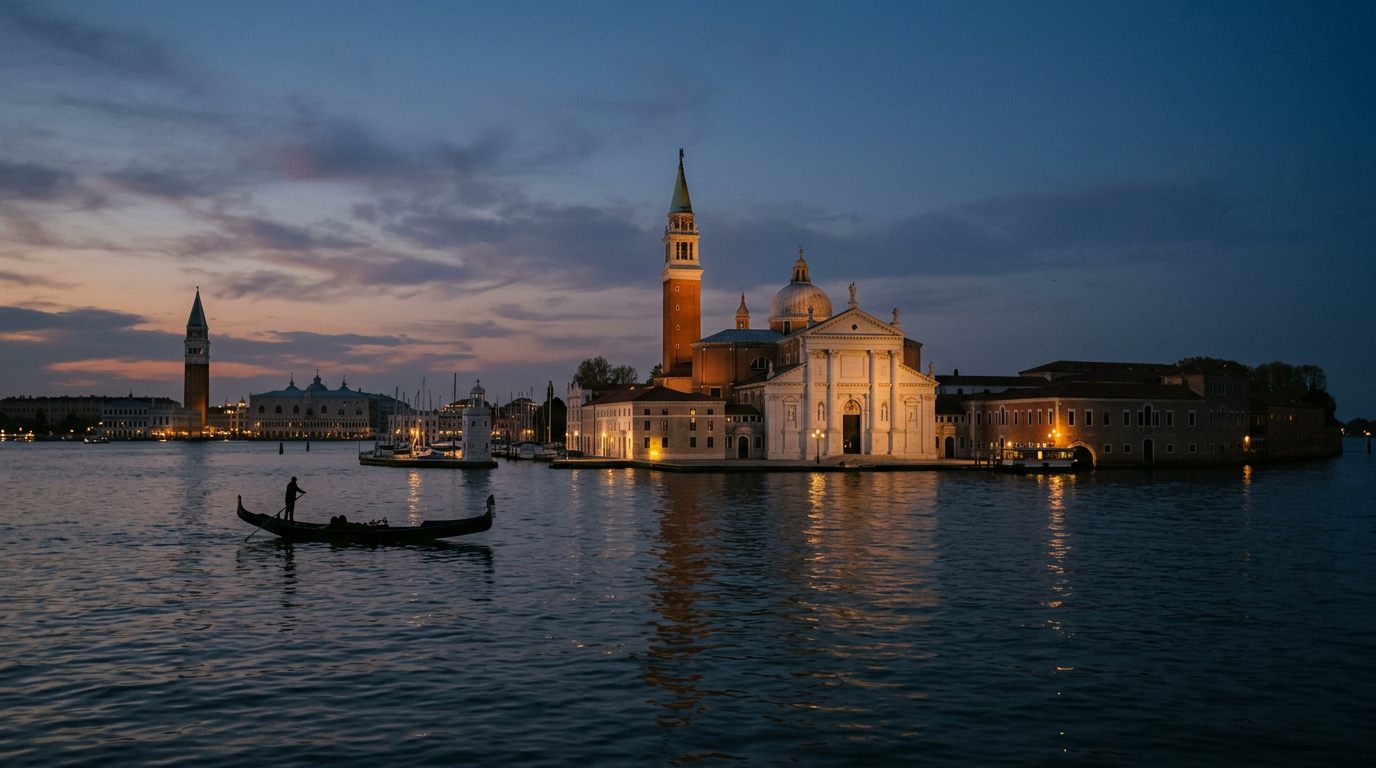 The white Istrian stone facade of San Giorgio Maggiore reflected in the Venetian lagoon at sunset.