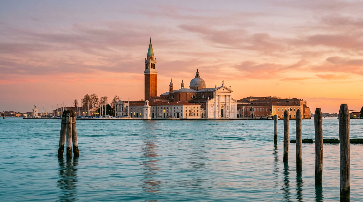 The white façade of San Giorgio Maggiore church seen across the Venetian lagoon at dusk.