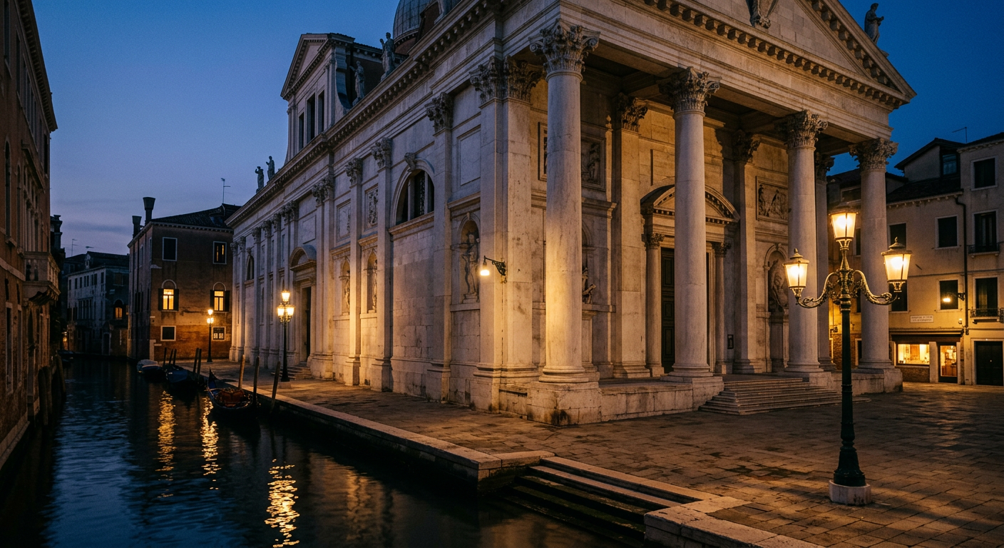 The grand Corinthian columns and portico of San Nicolò da Tolentino church in Venice at dusk.