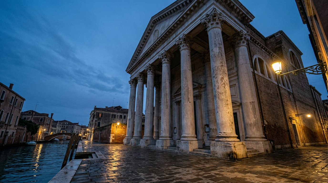 The unfinished Corinthian portico of San Nicolò da Tolentino church in Venice at dusk, showing the rough-hewn stone columns against a soft sky.