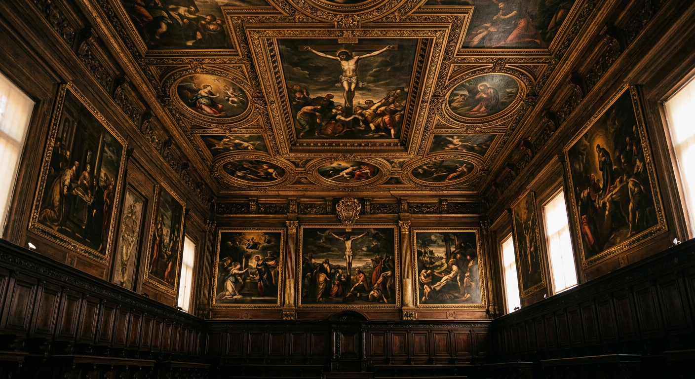 The ornate ceiling and dark wooden interiors of the Scuola Grande di San Rocco in Venice, illuminated by soft golden light reflecting off Tintoretto cycles.