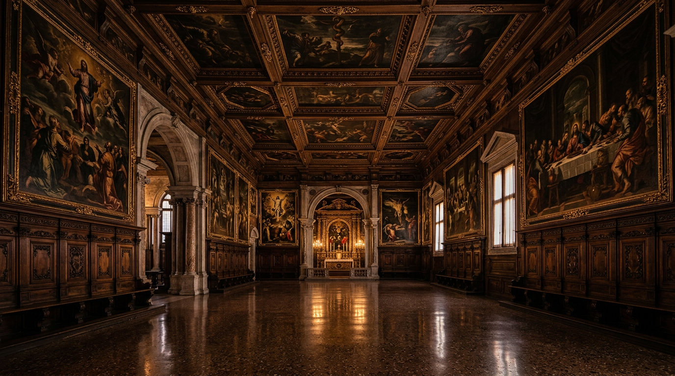 Interior view of the Scuola Grande di San Rocco with dramatic ceiling canvases and ornate wooden carvings.
