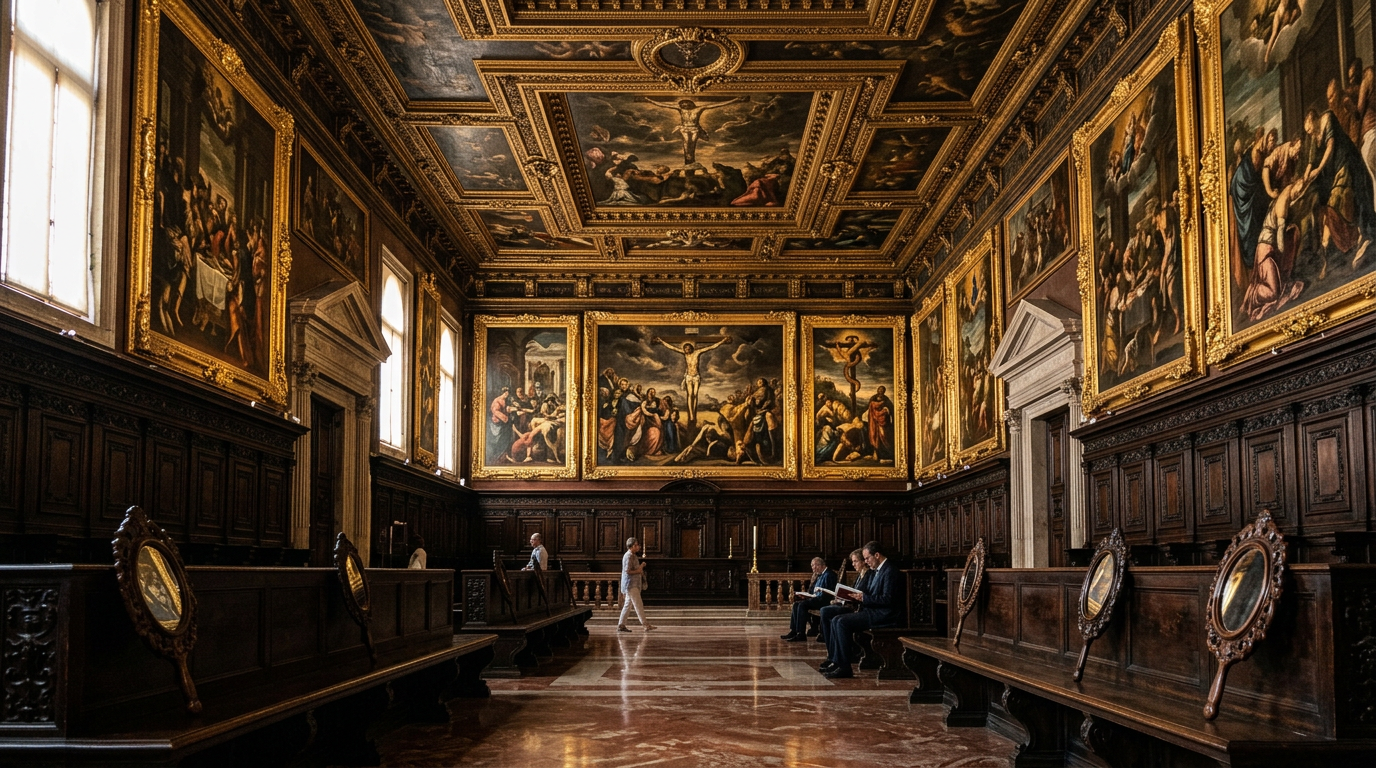 Low angle view of the ornate ceiling and large oil canvases inside the Scuola Grande di San Rocco, Venice.