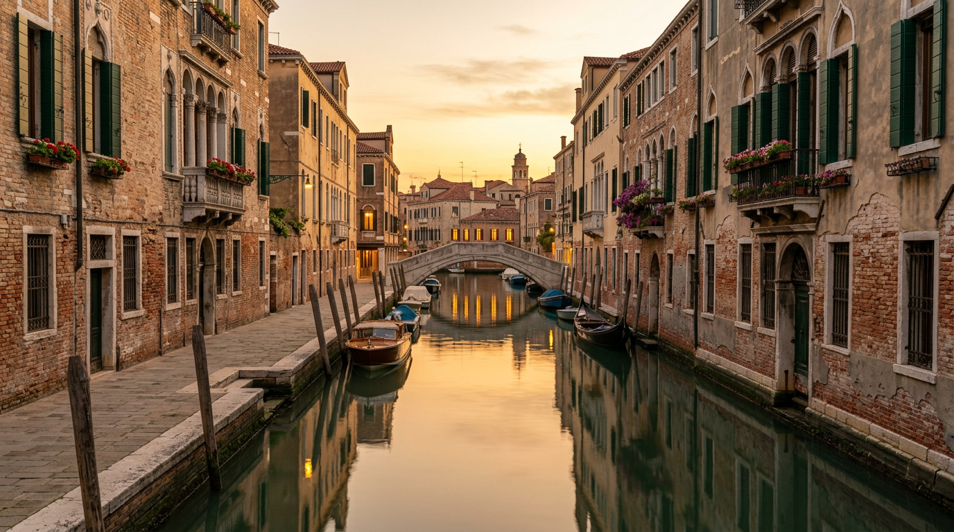 A quiet Venetian canal in Santa Croce at dusk with warm light reflecting off the water and ancient brick buildings.