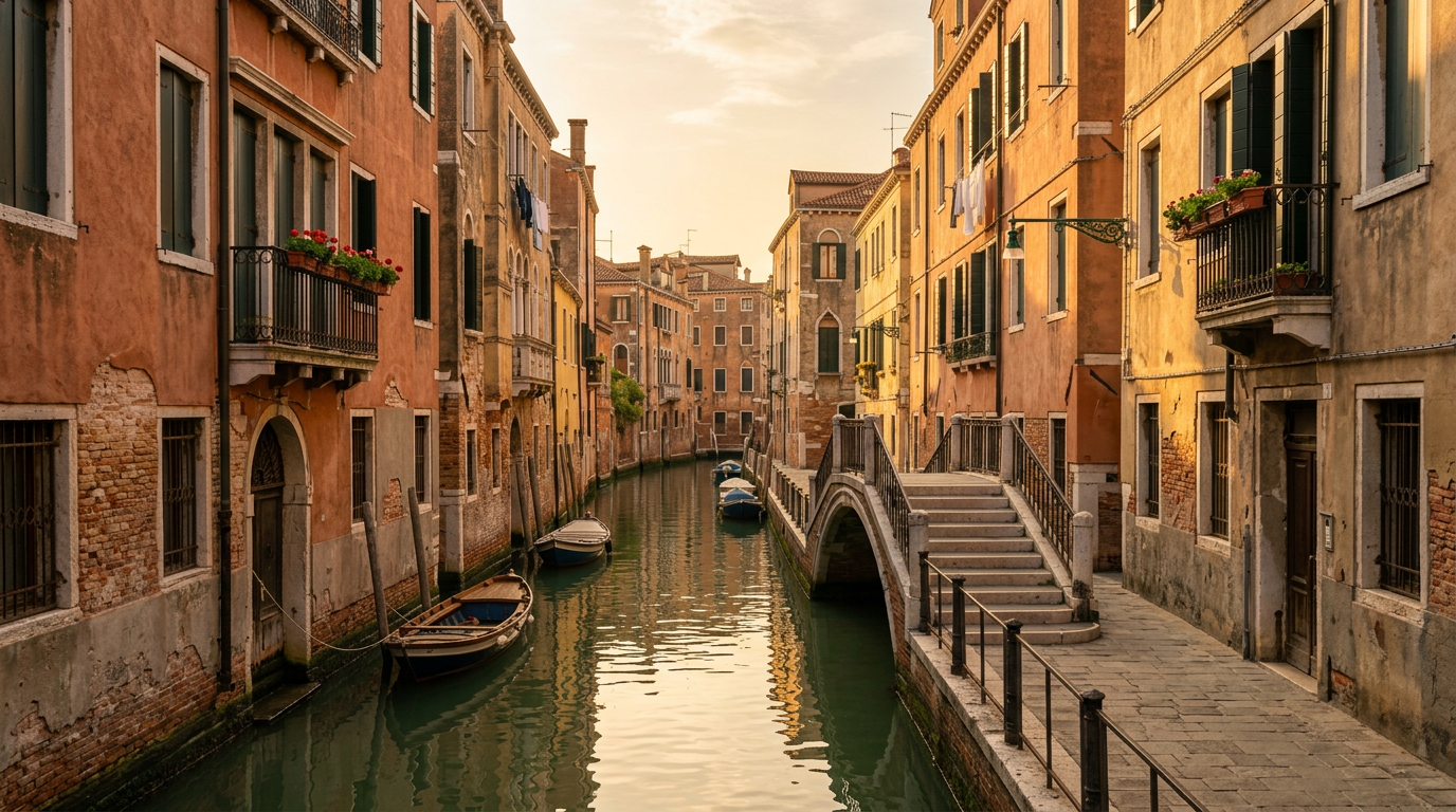 A quiet canal in Santa Croce, Venice, with sunlight reflecting on historic brick buildings and a small stone bridge.