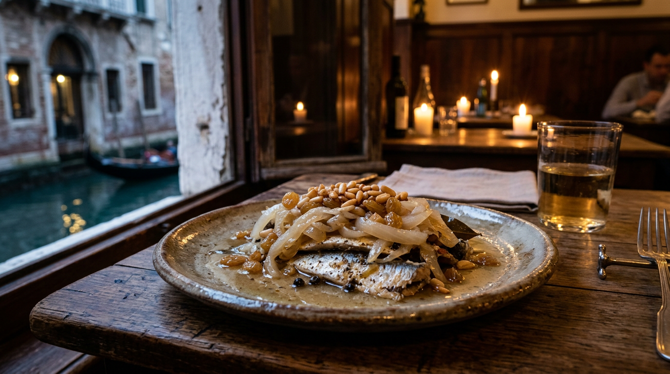 Authentic Venetian sarde in saor served in a ceramic dish, featuring fried sardines topped with translucent onions, pine nuts, and raisins in a candle-lit osteria setting.