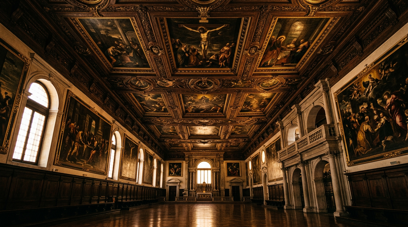 Low angle view of the ornate wooden ceiling and dark, dramatic oil paintings at the Scuola Grande di San Rocco in Venice, illuminated by soft golden light.