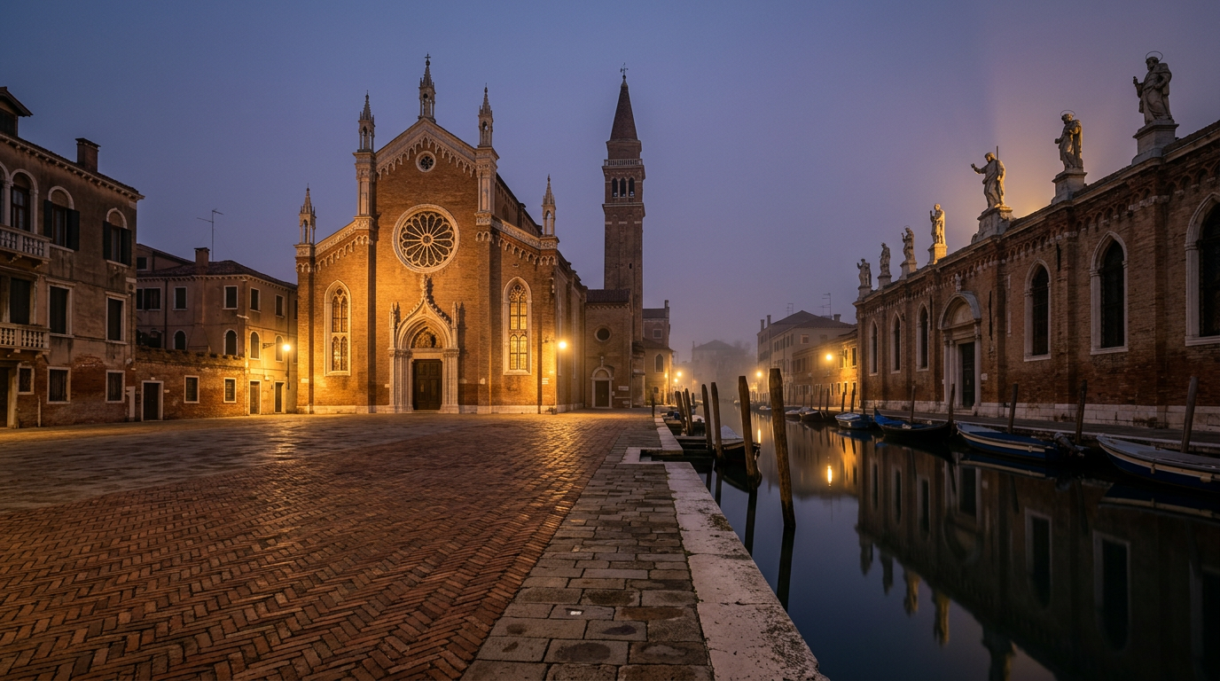 The gothic brick facade of Madonna dell'Orto church in Venice reflected in the quiet canal of Cannaregio at dusk.