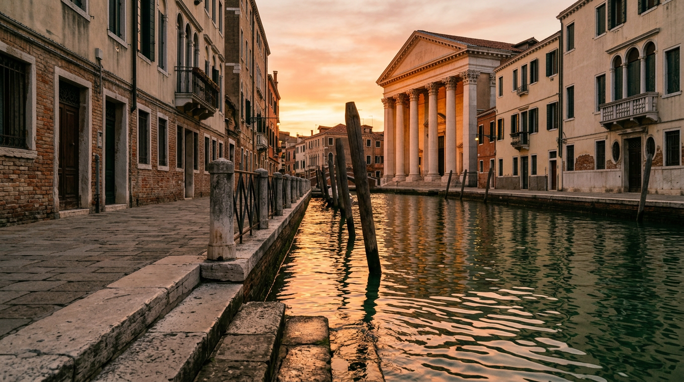 A peaceful view of the Rio dei Tolentini canal in Venice during sunset, with the Tolentini church portico in the background.