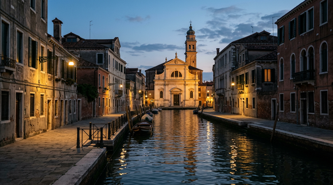 A peaceful view of the Fondamenta dei Tolentini in Santa Croce, Venice, at dusk with warm streetlights reflecting in the canal.