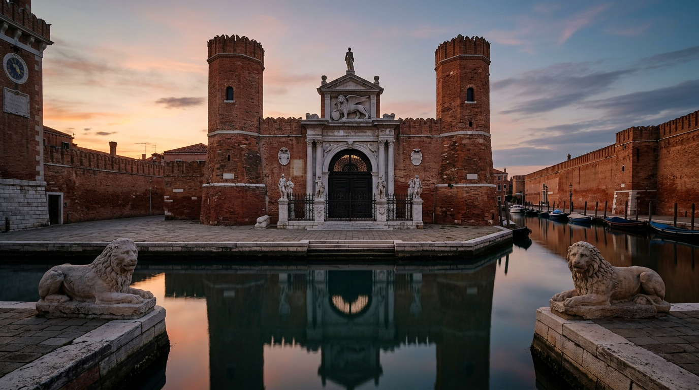The historic entrance of the Venetian Arsenale with the iconic stone lions and red brick towers under a clear sky.