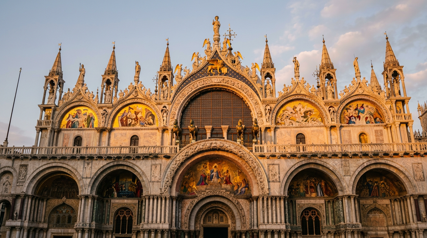 The exterior of St Mark's Basilica in Venice featuring Byzantine domes and porphyry columns at sunset.
