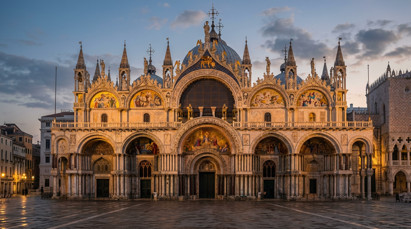 Close-up of the bronze horses of St Mark's Basilica against a golden Venetian sunset.
