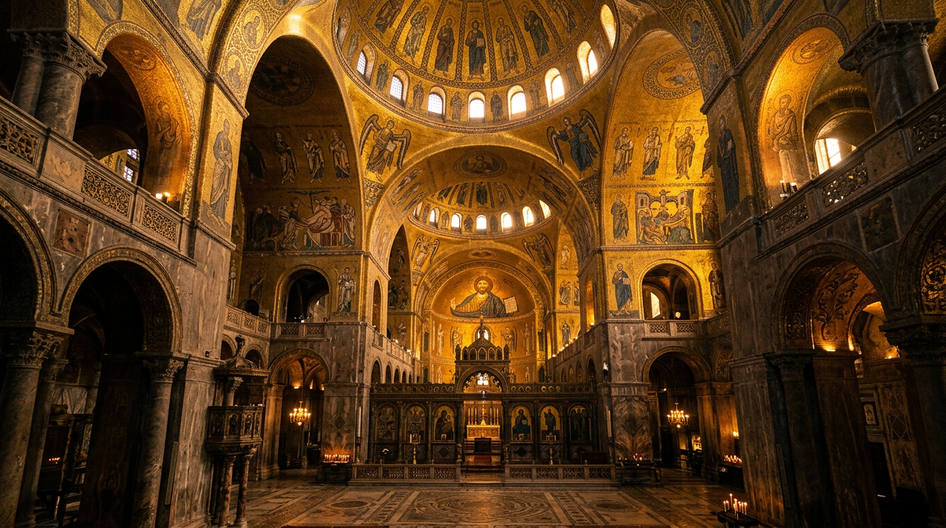 The golden mosaics of St Mark's Basilica reflecting warm light, showing Byzantine architecture.