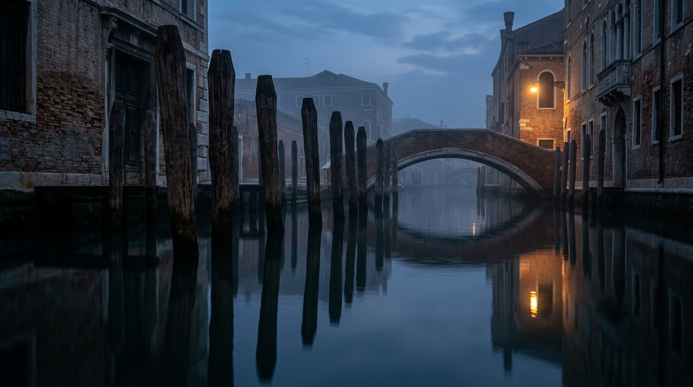 A dark, atmospheric view of the Venetian lagoon at dusk with wooden poles (briccole) rising from the water and distant silhouettes of stone buildings.