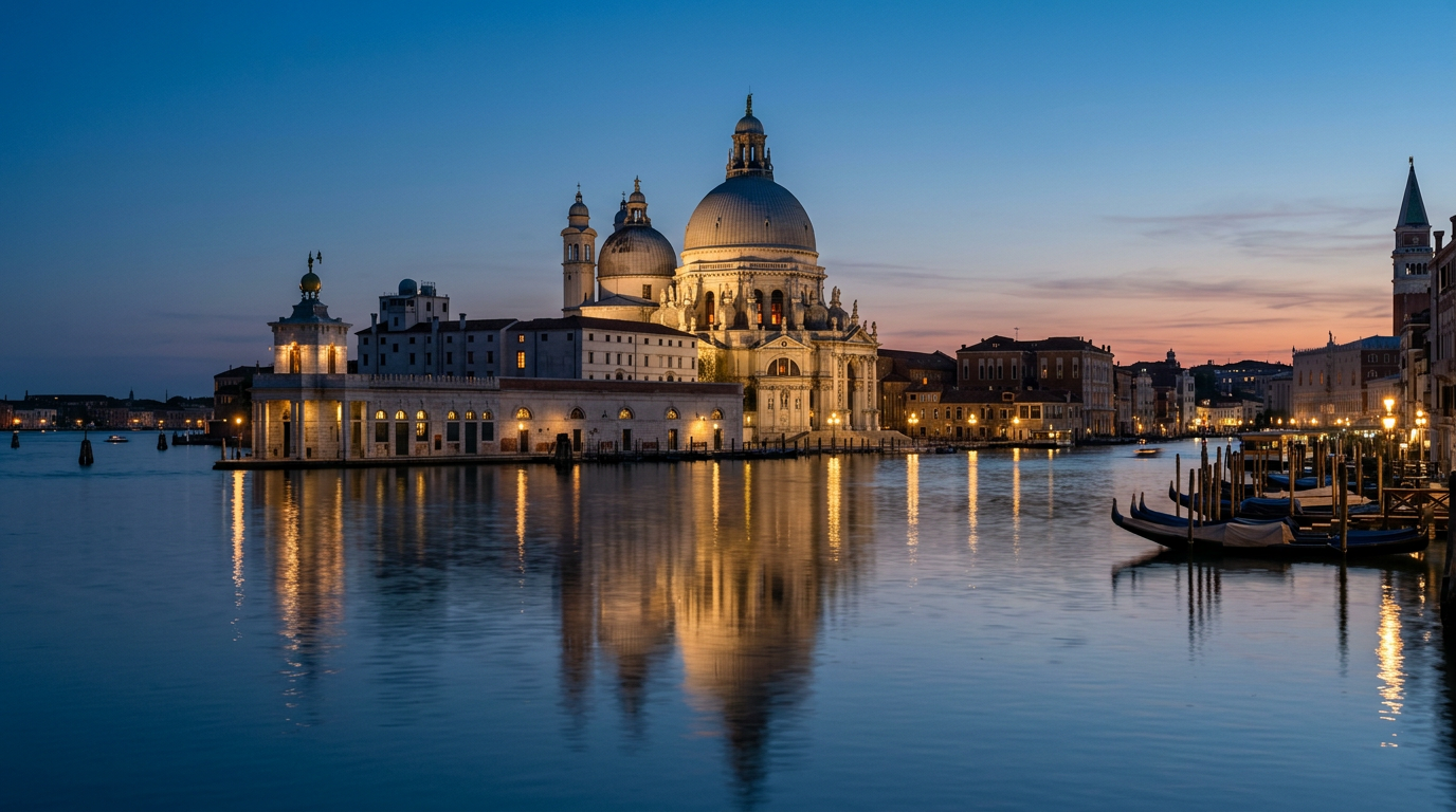 The Santa Maria della Salute church at sunset, reflecting in the Grand Canal of Venice.