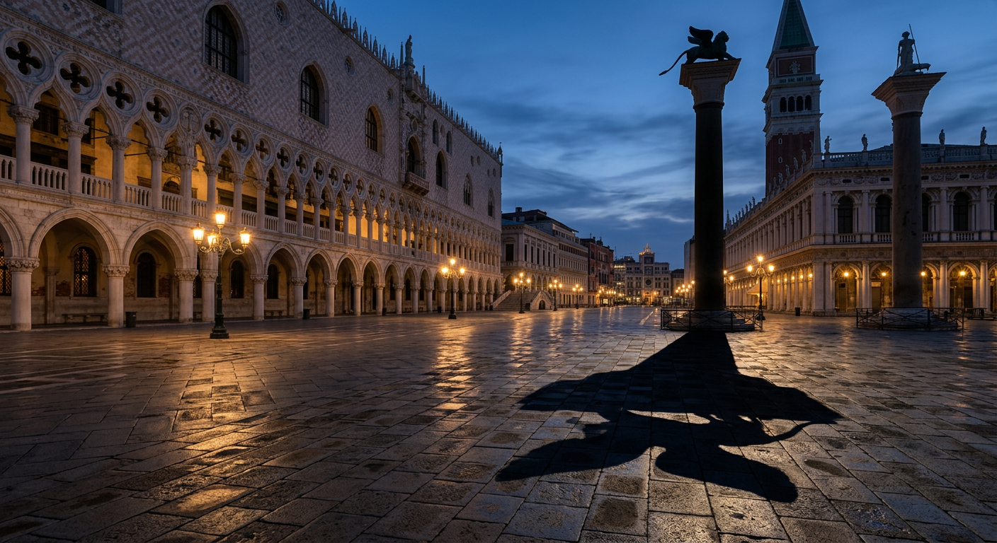 A cinematic view of the Doge's Palace at dusk, reflecting in the Venetian lagoon with the winged lion statue in the foreground.