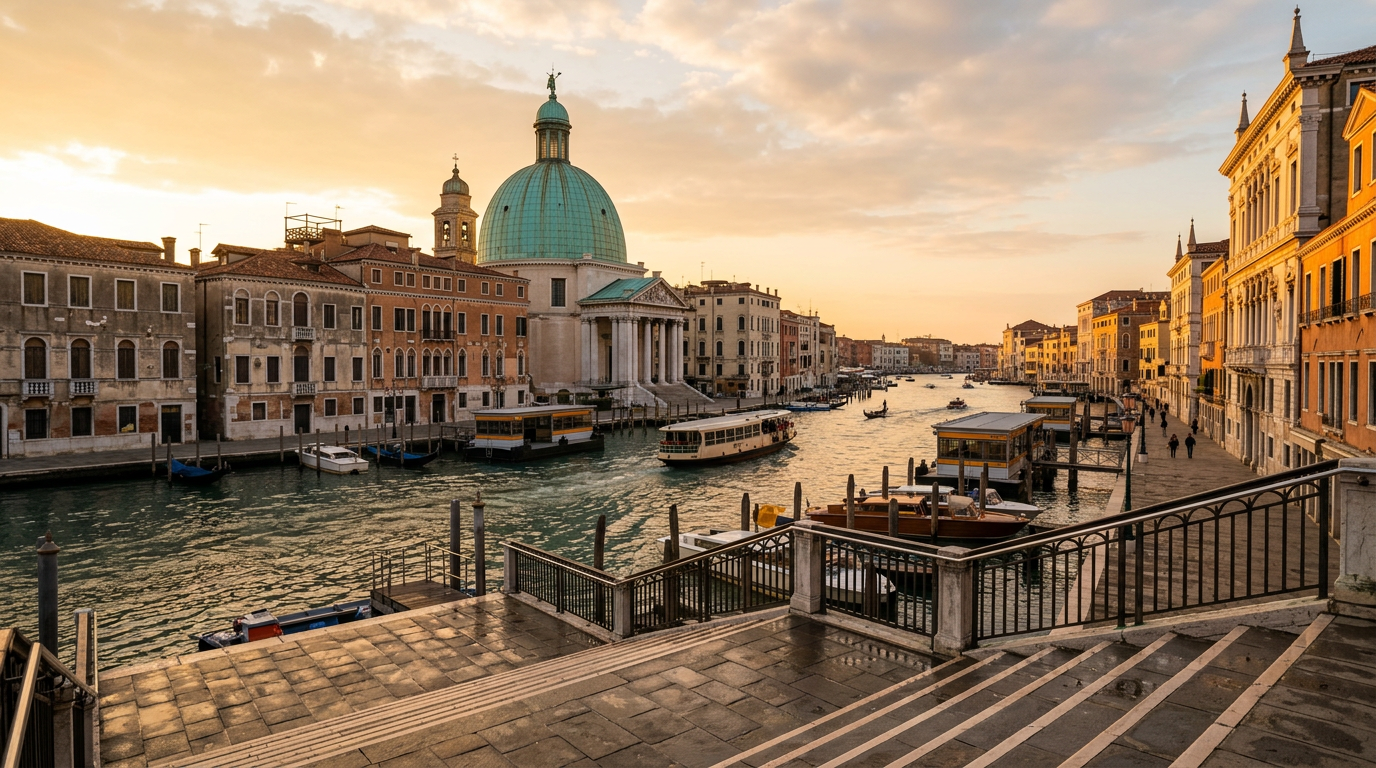 The view of the Grand Canal and San Simeone Piccolo from the steps of Santa Lucia station in Venice.
