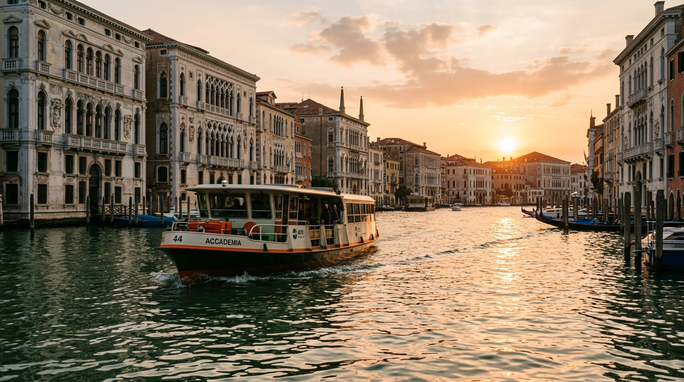 A Venetian vaporetto water bus navigating the Grand Canal at sunset, with historic palazzos in the background.
