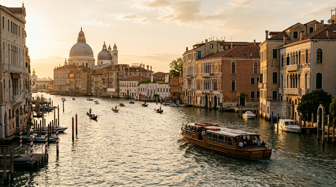 A Venetian vaporetto navigating the Grand Canal at sunset with historic palazzi in the background.