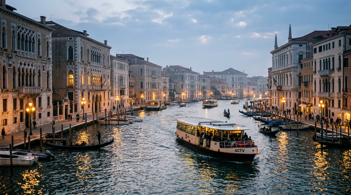 A Venice vaporetto boat cruising down the Grand Canal at sunset with historic palazzos in the background.
